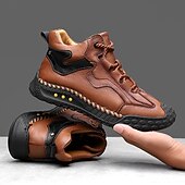 baratos Botas de cano curto-Tênis casual masculino de cano alto em couro sintético marrom com sola de borracha antiderrapante – calçado esportivo confortável com cadarço para caminhadas ao ar livre, viagens e uso diário