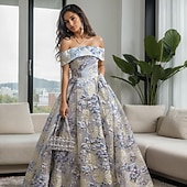 voordelige Lange Jurken en Gowns-Jacquard Brocade A-Lijn Prom Jurken Elegante Jurk Bruiloft Gast Avondfeest Vloerlengte Off Shoulder Mouw met Bloemenprint Bruiloft Gast Jurk