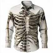 economico Magliette di Halloween-Halloween Per uomo Illusione ottica Scheletro Camicia Camicia con Bottoni Manica Lunga Stile gotico oscuro All&#039;aperto Ferie Primavera Autunno Collo ripiegato Stampa 3D Camicia tipo lino Bianco 1
