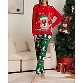 お買い得  親子お揃い服-ファミリールック パジャマ クリスマス柄 家 プリント ルビーレッド 長袖 活発的 マッチング衣装