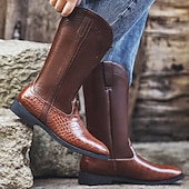 baratos Botas de equitação-Botas altas de montaria masculinas de couro marrom com padrão de crocodilo – calçado equestre elegante de cano alto para passeios a cavalo, eventos de fantasias e trajes de estilo vintage