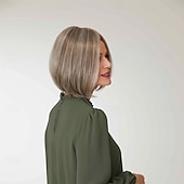 levne starší paruka-Dámská popelavě blond ombre rovná bob paruka s tmavými odrosty, přirozeně vypadající, realistické syntetické vlasy, tepelně odolná krátká, elegantní, pro denní nošení, módní styl