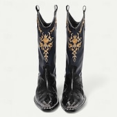cheap Premium Leather Boots-Men's Navy and Black Cowboy Boots with Gold Embroidery – Elegant Western Boots for Stage Performances, Country Celebrations and Themed Parties