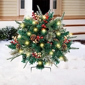 abordables Coronas, Guirnaldas &amp; Adornos-Urna de árbol de Navidad artificial preiluminada, decoración navideña para exteriores con plantas artificiales adornadas con adornos variados y luces LED blancas preinstaladas, decoración navideña con