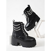 abordables Bottes de combat-Bottines de combat noires à plateforme pour femmes – bottines à lacets épaisses avec détail de chaîne pour le streetwear punk, les concerts et les festivals