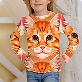 billiga Flickans 3D-djur-Flickor 3D Djur Katt T-shirt Långärmad Vår Höst Mode Grundläggande Barn 4-12 år Rund hals Utomhus Ledigt Dagligen Normal