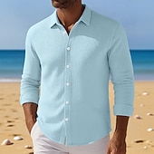 economico camicia da uomo con bottoni-Per uomo Camicia Camicia a nido d&#039;ape Camicia Estiva Camicia casual Camicia con Bottoni Nero Bianco Kaki Azzurro Manica Lunga Semplice Testurizzato Bavero Vacanza Casuale Abbigliamento Moda Casual