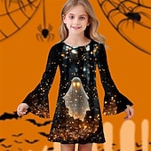 tanie Dziewczęce kostiumy na Halloween-Halloween Dziewczyny &#039; 3D Duch Sukienka Sukienka z falbanami Długi rękaw Lato Wiosna Urlop Codzienny Święto Piękny Słodkie Dzieci 4-12 lat Codzienne sukienki Do kolan Regularny
