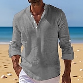 economico Vacanza-Per uomo Camicia di lino Camicia con colletto alla coreana Camicia popover Camicia casual Camicia da Spiaggia Semplice Vacanza Ferie Nero Bianco Rosa Arancione Manica Lunga Henley Estate Primavera
