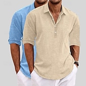 preiswerte Klassiker-Herren Hemd Leinenhemd Sommerhemd Strandbekleidung Einfach Urlaub Lässig Khaki + Schwarz Blau+Khaki Grau+Khaki Weiss + schwarz Langarm Revers Sommer Frühling Bekleidung