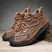 preiswerte Stiefeletten-Braune High-Top-Freizeitsneaker aus Leder für Herren mit Ziernähten und strapazierfähiger Gummisohle – modische Komfortschuhe für Outdoor und Stadt