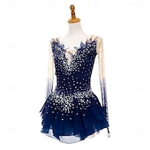 cheap Figure Skating Dresses-Figure Skating Dress Women's Girls' Ice Skating Dress Navy Blue Open Back Asymmetric Hem Mesh High Elasticity Training Competition Skating Wear Classic Crystal / Rhinestone Long Sleeve Ice Skating Figure
