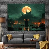 cheap Halloween Wall Tapestries-Skull in the Sky Halloween Tapestry – Spooky Graveyard Wall Hanging with Full Moon &amp; Fog, Gothic Horror Decoration for Haunted Room Aesthetic