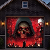 preiswerte Halloween Garagentorabdeckung-Halloween Garagentorabdeckung Sensenmann Totenkopf Banner Spukhaus Friedhof Szene Horror gruselige Kulisse Wandteppich für Außenwand Zaun Dekoration