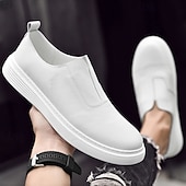 abordables Chaussures Décontractées Slip-On-Chaussures blanches à enfiler en cuir pour hommes - minimalistes et confortables, adaptées aux professionnels occupés au bureau et dans des environnements décontractés