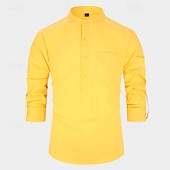 economico Camicie Popover da Uomo-Per uomo Camicia Camicia con colletto alla coreana Camicia popover Camicia casual Nero Bianco Giallo Rosso Blu marino Manica Lunga Semplice Henley Quotidiano Uscire Tasca Frontale Abbigliamento