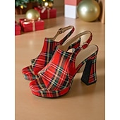 preiswerte Nachtleben Party-Damensandalen mit rotem Schottenmuster und Plateauabsatz – Peeptoe-High-Heels mit dicker Sohle für das Nachtleben und Weihnachtsfeiern