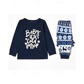 abordables Correspondência Familiar Diária-Family Pajamas Letter Christmas Pattern Home Print Dark Blue Long Sleeve Active Matching Outfits
