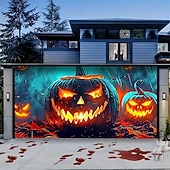 abordables Housse de porte de garage-Couverture de porte de garage d'Halloween, bannière de lanterne de citrouille maléfique, tapisserie de fond de visage de lanterne de Jack O'Lantern lumineuse pour décoration murale ou de clôture