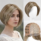 economico parrucca più vecchia-parrucca da donna con mèches biondo castano, corta e liscia, dall'aspetto naturale, capelli sintetici realistici, resistente al calore, riga laterale, elegante, stile alla moda per tutti i giorni