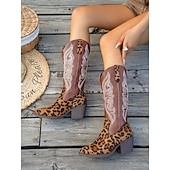 billiga Cowboy &amp; Western Boots-leopardmönstrade westerncowboystövlar för kvinnor – broderade knähöga cowgirlstövlar med blockklack för rodeo, countrykonserter och höstkläder