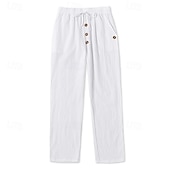 cheap Home-Men's Linen Pants Trousers Summer Pants Baggy Pants Beach Pants Drawstring Elastic Waist Buttons Plain Comfort Breathable Full Length Casual Daily Home Vacation Fashion Loose Fit Black White