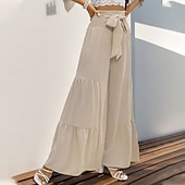 abordables jambe large et taille haute-Femmes A Volants Élégant Vacances ancien Longueur complète Taille Moyenne Couleur Unie Uni A Volants Patchwork Élastique Extérieur Vacances Maison Abricot Été Printemps Automne Coupe Ample
