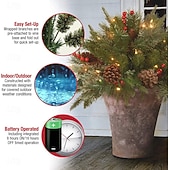 abordables Coronas, Guirnaldas &amp; Adornos-Urna de árbol de Navidad artificial preiluminada, decoración navideña para exteriores con plantas artificiales adornadas con adornos variados y luces LED blancas preinstaladas, decoración navideña con