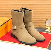 cheap Ankle Boots-Men&#039;s Khaki Faux Suede Mid-Calf Boots with Side Buckle Straps, Retro Cowboy Style Boots for Casual Outfits and Party Occasions