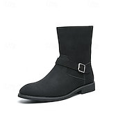 cheap Ankle Boots-Men&#039;s Khaki Faux Suede Mid-Calf Boots with Side Buckle Straps, Retro Cowboy Style Boots for Casual Outfits and Party Occasions