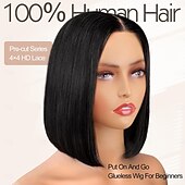 baratos Perucas de seda frontais de cabelo natural-Perucas sem cola, cabelo humano pré-arrancado, pré-cortado, 4x4 hd, fechamento de renda, perucas sem cola, cabelo humano, peruca preta lisa, cabelo humano, use e vá, densidade de 180% para mulheres