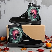 baratos Sapatos para Homens-Botas de combate masculinas com estampa de caveira flamejante – botas de cano curto estilo gótico de Halloween para festas, cosplay e uso ao ar livre