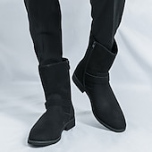 cheap Ankle Boots-Men&#039;s Khaki Faux Suede Mid-Calf Boots with Side Buckle Straps, Retro Cowboy Style Boots for Casual Outfits and Party Occasions
