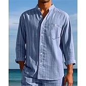 economico Camicie di lino-Per uomo Camicia Camicia di lino Camicia casual Camicia con Bottoni Camicia di cotone A righe Vacanza Camicia hawaiana Nero Bianco Blu reale Cachi Manica Lunga Colletto alla coreana Primavera Autunno