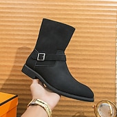 cheap Ankle Boots-Men&#039;s Khaki Faux Suede Mid-Calf Boots with Side Buckle Straps, Retro Cowboy Style Boots for Casual Outfits and Party Occasions