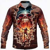 cheap Halloween Shirts-Halloween Men&#039;s Skull Breaking Through Brick Walls Shirt Button Up Shirt Long Sleeve Dark Punk Gothic Style Outdoor Holiday Summer Spring Turndown 3D Print Collared Shirts Brown