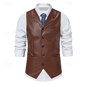 preiswerte Herrenweste-Herren Westernweste Weste Lederweste Formell Urlaub Lässig Täglich Vintage Cowboy Frühling Herbst Tasche Knöpfe 100% Polyester PU Leder Bequem Einfach Einreihig Reverskragen mit Schlitz Schlank
