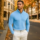billiga Klassisk pikétröja för män-Herr Våffelpikétröjor Quarter Zip Polo Utomhus Casual Fjärdedels blixtlås Långärmad Mode Modern Ensfärgat Stickat Vår Höst Vår &amp; Höst Vit Blå Orange Våffelpikétröjor