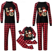 baratos Conjuntos iguais para a família-Olhar de família Pijamas Xadrez Padrão de natal Casa Patchwork Vermelho Manga Longa Ativo Roupas Combinando