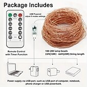 economico Striscie luci USB-4 pezzi 10 m/33 piedi 100 fasci di luci a LED per Halloween Natale San Valentino festa di nozze stringa di luci in filo di rame per interni ed esterni spina USB telecomando a 8 funzioni IP44