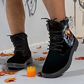 baratos Sapatos para Homens-Botas de combate masculinas com estampa de caveira flamejante – botas de cano curto estilo gótico de Halloween para festas, cosplay e uso ao ar livre