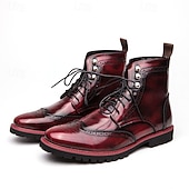 cheap Combat Boots-Men&#039;s Burgundy Faux Leather Combat Boots with Brogue Detailing – Durable Lace-Up Style for Casual Wear, Outdoor Walking, and Fashion Outfits