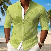 cheap Tropical Plants-Men&#039;s Plants Tropical Leaf Shirt Button Up Shirt Stand Collar Shirt Long Sleeve Hawaiian Outdoor Vacation Daily Spring Fall Mandarin Collar Band Collar 3D Print Linen Like Shirt Light Blue Blue