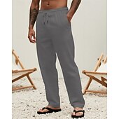 billiga Semester-Herr Linne Byxor Långbyxor Sommarbyxor Strandbyxor Snörning Ficka Elastisk midja Slät Komfort Andningsfunktion Semester Dagligen Helgdag Hawaiisk Boho 다크 카키 Svart