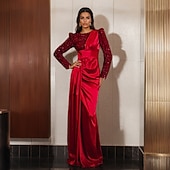 economico ROSSO-abito da sera a sirena/tromba in velluto elasticizzato con paillettes, elegante, lungo fino al pavimento, manica lunga, scollo rotondo, raso elasticizzato con pieghe 2025