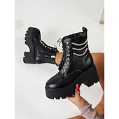 abordables Bottes de combat-Bottines de combat noires à plateforme pour femmes – bottines à lacets épaisses avec détail de chaîne pour le streetwear punk, les concerts et les festivals