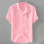 preiswerte Business Casual-Herren Leinenhemd Freizeithemd Baumwoll-Leinen-Hemd Knopfhemd Muster Urlaub Straße Schwarz Weiß Rosa Dunkelmarine Kurzarm Revers Sommer Bekleidung Button-Down