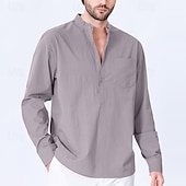 preiswerte Herren Popover Hemden-Herren Hemd Stehkragenhemd Popover-Hemd Freizeithemd Schwarz Rote Grün Kaki Hellgrau Langarm Einfarbig Henley Party Ausgehen Fronttasche Bekleidung Mode Sport &amp; Outdoor