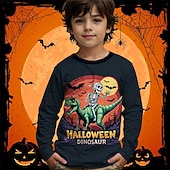 billiga Pojkes Halloween kostymer-Halloween Pojkar 3D Tecknat Dödskalle Dinosaurie T-shirt Långärmad Vår Höst Mode Grundläggande Barn 4-12 år Rund hals Utomhus Ledigt Dagligen Normal