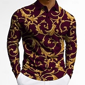 cheap Men's Vintage Polo-Men's Floral Polo Long Sleeve Polo Shirts Lapel Vintage Casual Athleisure Daily Wear 3D Print Buttons Spring Fall Winter Red